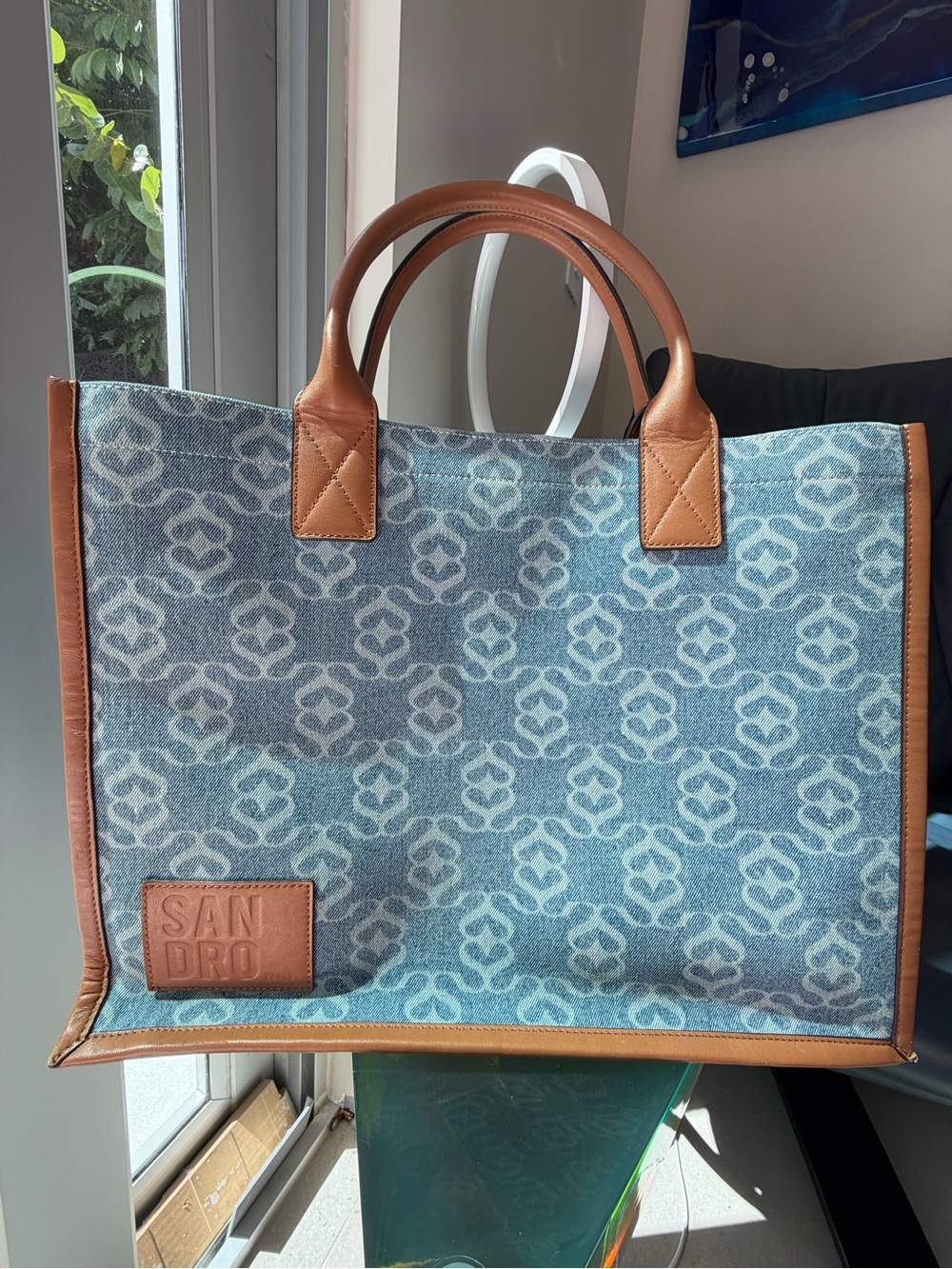 Sandro Blue Monogram Denim Tote with Tan Leather Trim